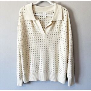 Joie Collared Eyelet Split V Neckline Sweater Size M Cream